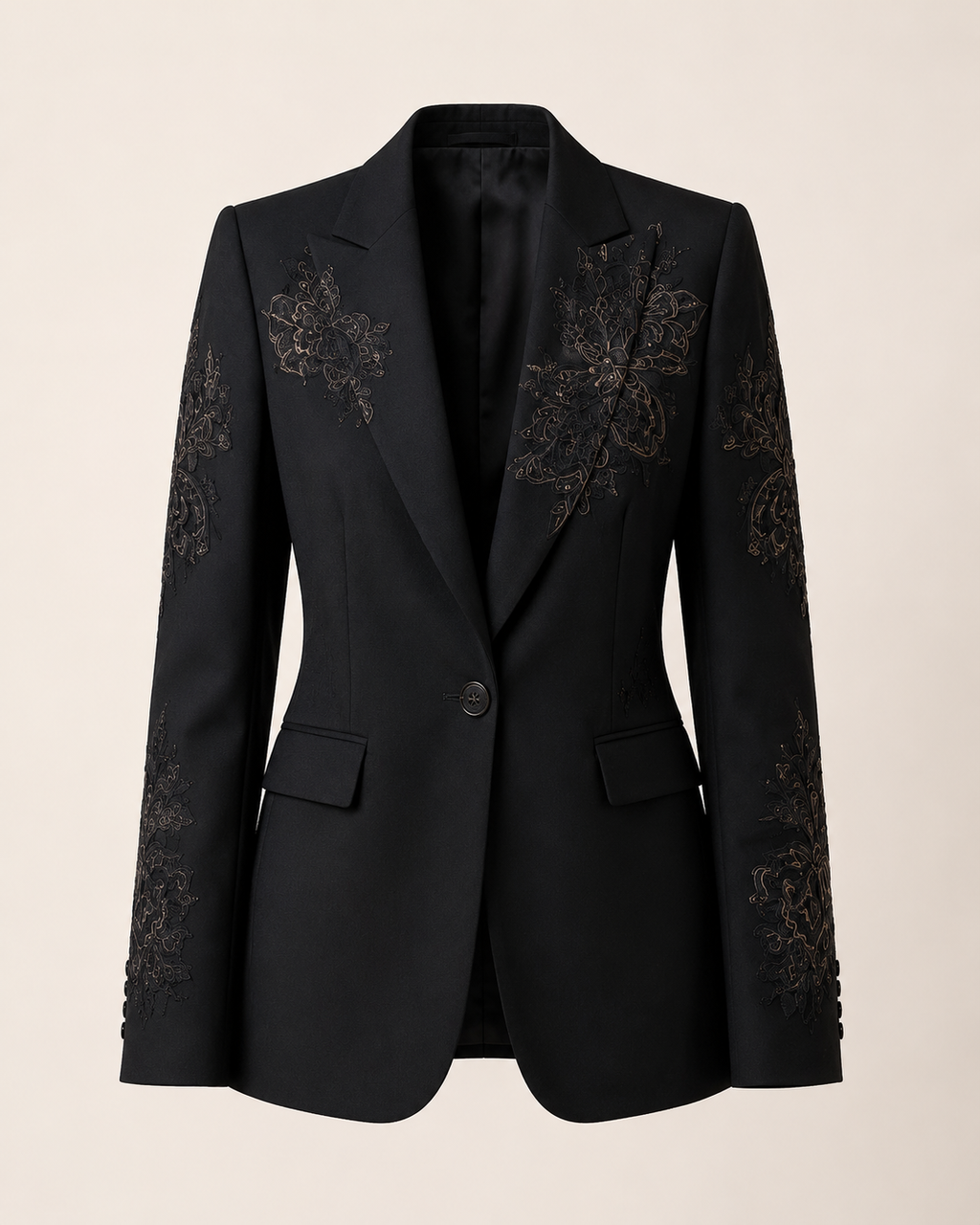 Dark Charcoal Grey Botanical Embroidered Wool Suit