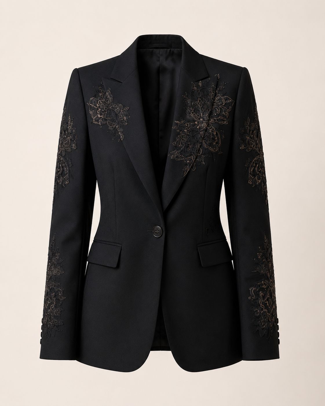 Dark Charcoal Grey Botanical Embroidered Wool Suit