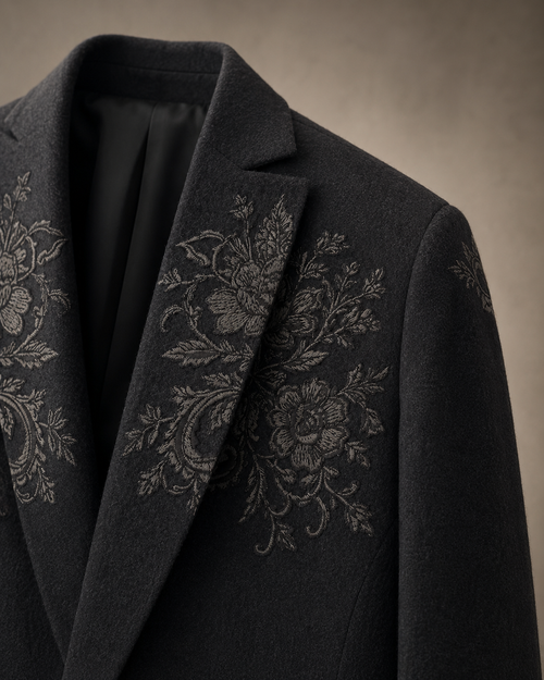 Dark Charcoal Grey Botanical Embroidered Wool Suit